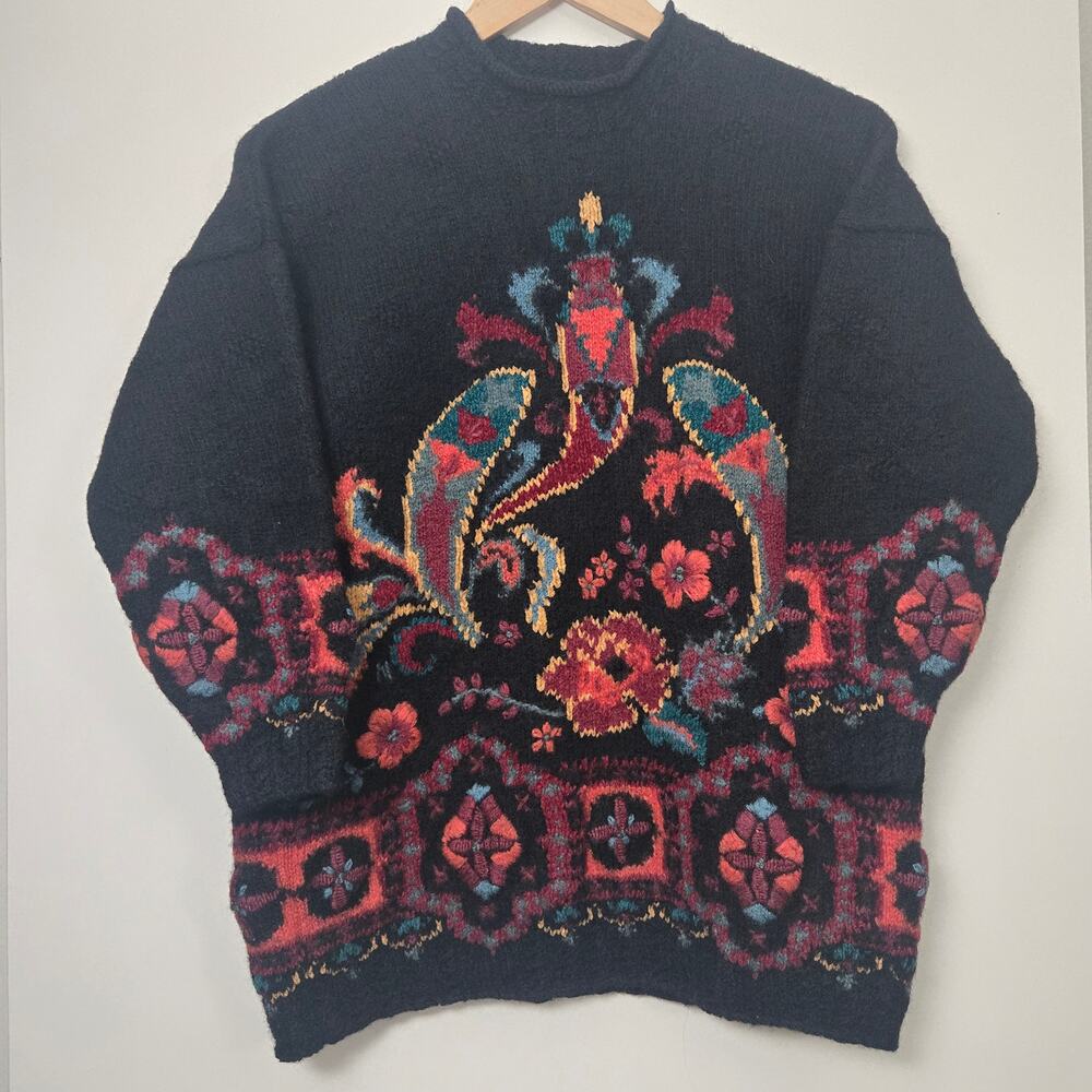 Vintage Laura Ashley Chunky Knit Wool Sweater Size S Black Floral Embroidery
